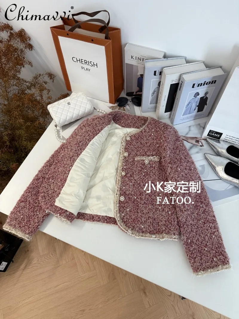 

Высококачественный элегантный розовый утягивающий твидовый утепленный пуховик с блестками, женский новый модный пиджак OL с длинными рукавами, осень и зима