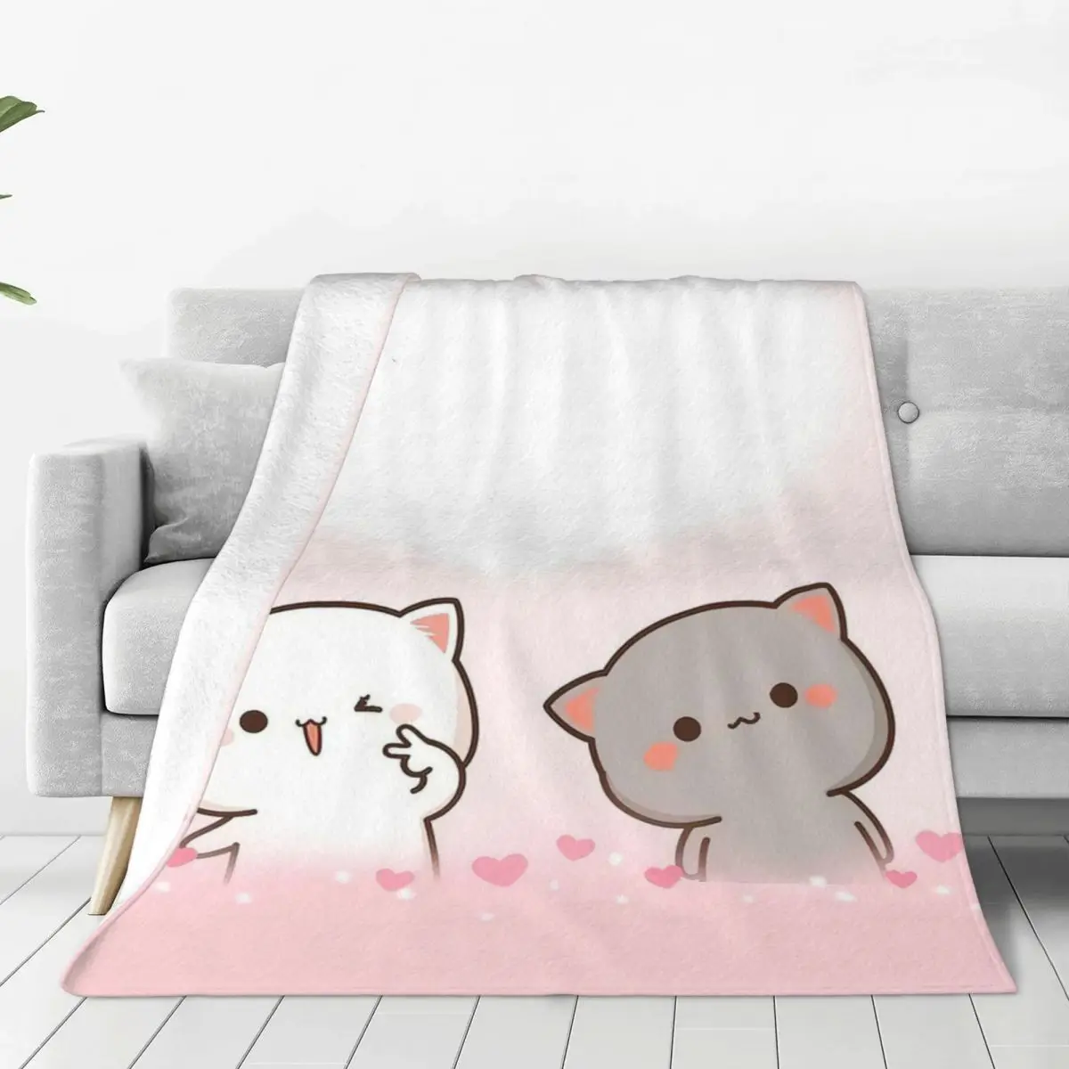 Pink Love Peach And Goma Blankets Cartoon Mocha Mochi Cat Flannel Novelty Warm Throw Blanket for Home Autumn/Winter