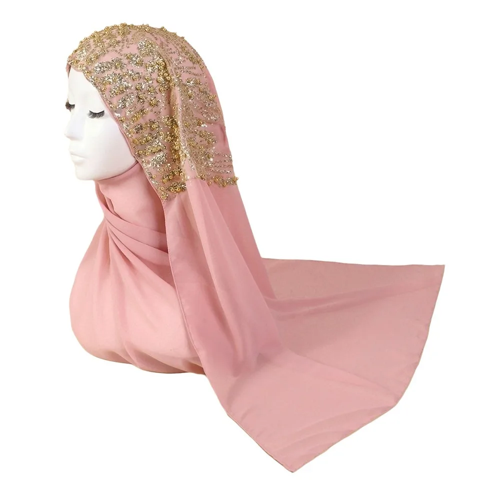 Luxury Silk Pearl Chiffon Hijab Scarf Long Gold Beads Women Headscarf Bandana Sunscreen Sequin Wraps Shawl Eid al-Fitr