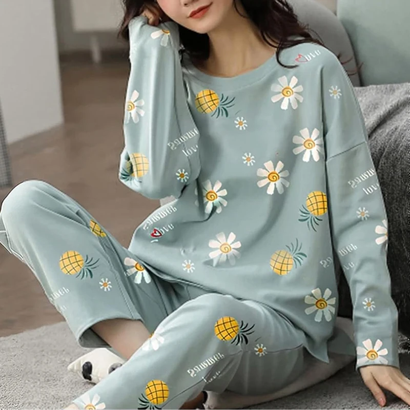 Autumn Women Pajamas Lounge Wear Set  Long Sleeved O-neck Flower Sleepwear Loose Comfortable Printing Breathable Home Pajamas