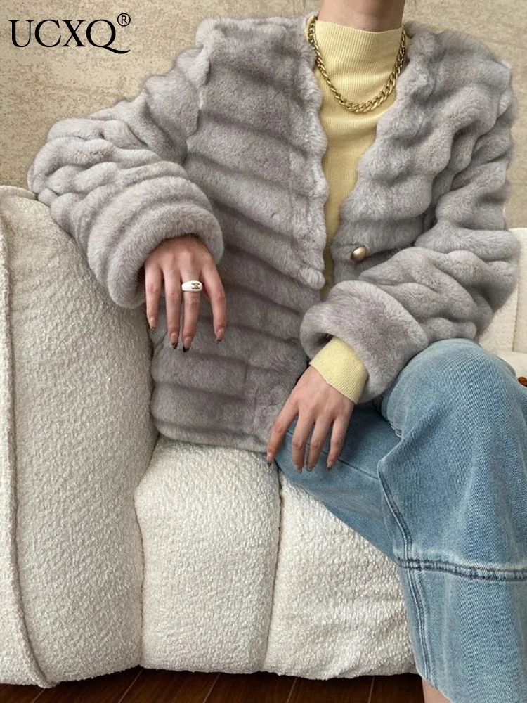 UCXQ Elegant Faux Mink Fur Coat French Style V-neck Water Ripple All Match Long Sleeve Women's Jacket 2024 Autumn Winter 23C2765