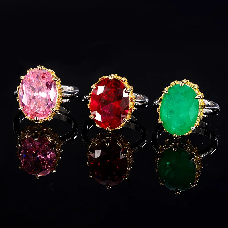 

Gold-Plated Copper Full Diamond Small Square Oval Egg-Shaped Large Pink Diamond Ring Fashion Luxury Red Corundum Emerald Women's