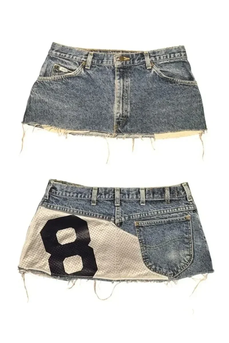 

Sexy High Waist Gothic Denim Mini Skirt Women Printed Patchwork Short Loose Casual Retro High Street Hip Hop New