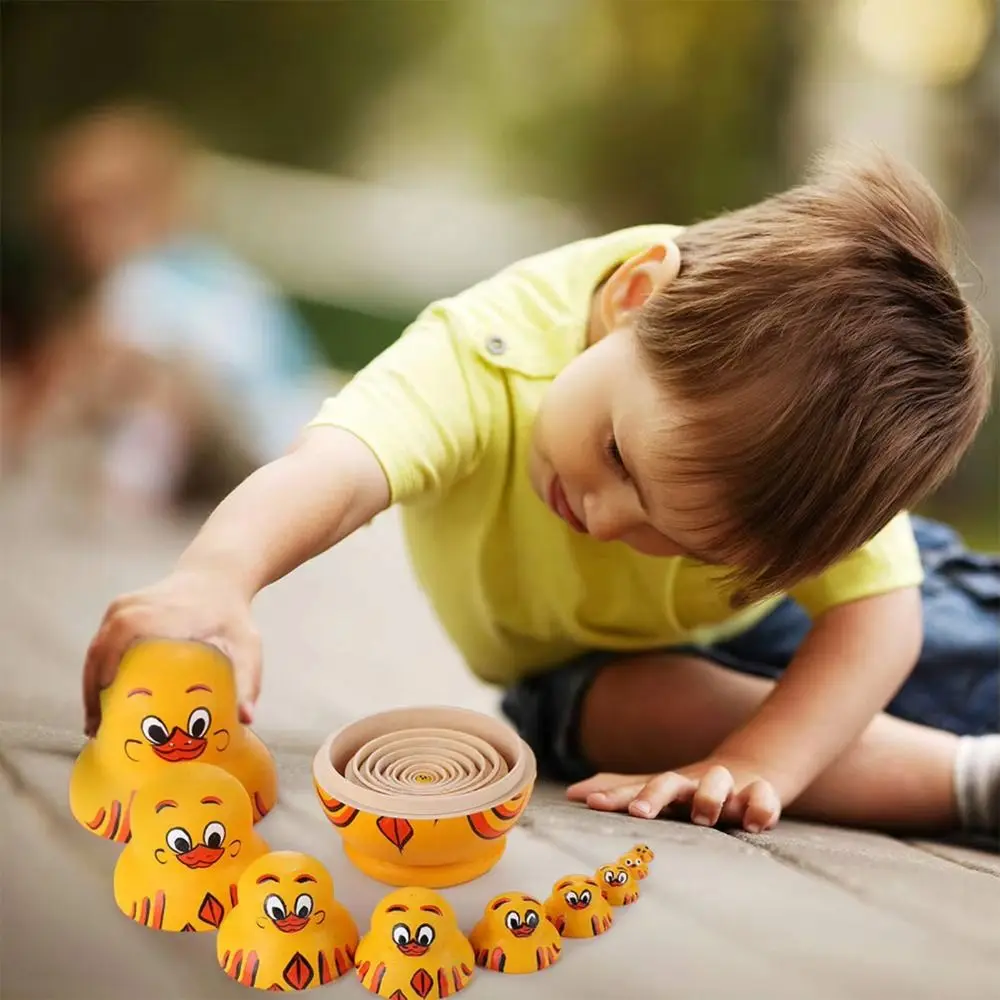 10 Layer Nesting Dolls Yellow Duck Animals Pattern Matryoshka Doll Toys Cartoon Wooden Stacking Dolls Chidrens Gift
