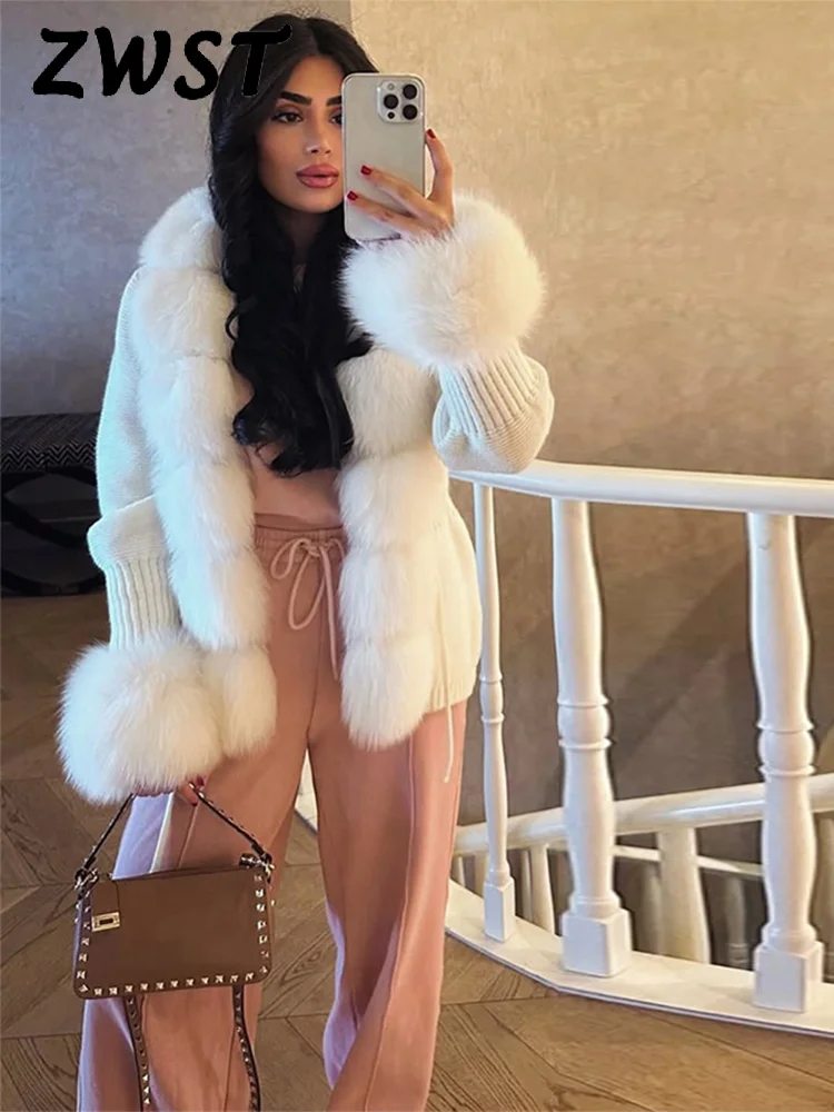 

Elegant Knitted Faux Fur Women's Coat Solid Patchwork Thicken Warm Lady Coats Autumn Winter Chic Female Street Outerwear