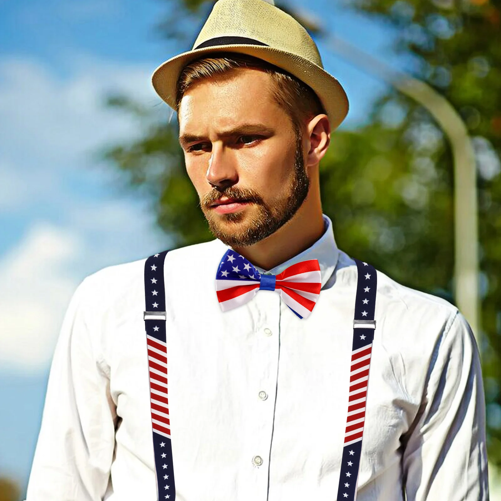 

US Flag Strap Clip Set for Men Women Patriotic Party Accessories Us Flag Design Bow Tie Strap Clip Set Independence Day