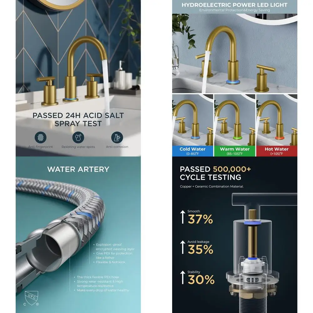 

Смеситель для ванной комнаты с 3 отверстиями, матовое золото, с 3-цветной LED-подсветкой, металлическим верхним сливом, шлангом CUPC и поворотом на 360° ° Поворотный излив