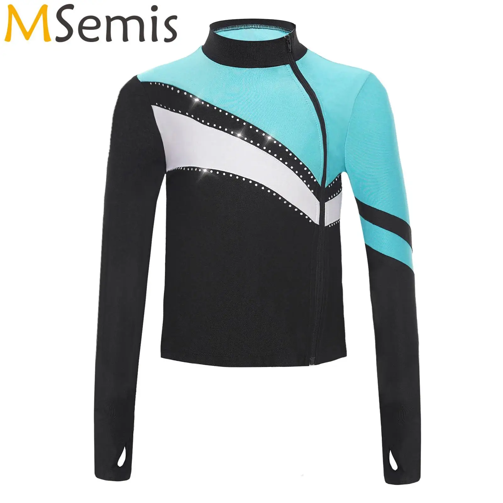 

Kids Girls Side Zipper Sweatshirt Tops Stand Collar Long Sleeve Jacket Shiny Rhinestones Sport Tops Figure Skating Dance wear