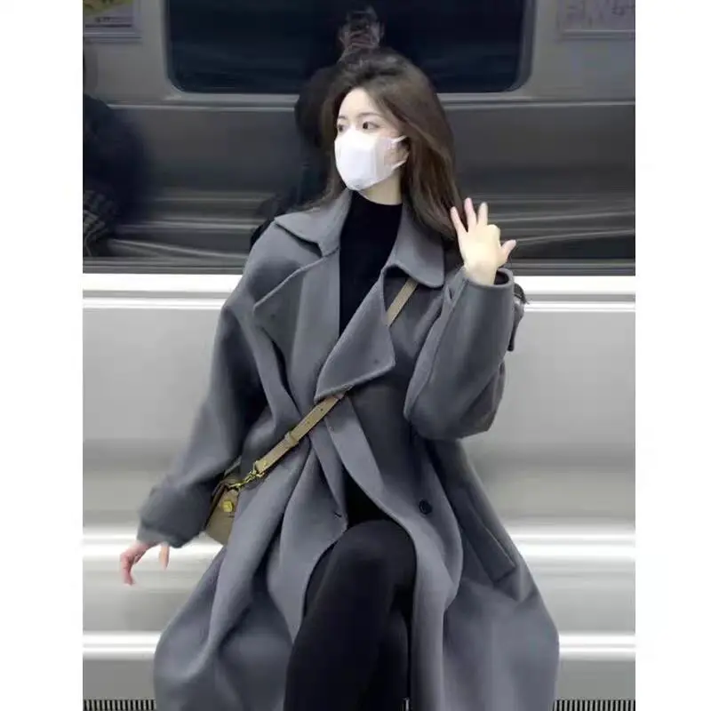 

Высококачественное серое универсальное шерстяное пальто для женщин осень/зима 2025 новое шерстяное пальто модное корейское толстое пальто