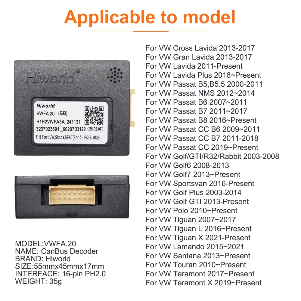 Universeller Hiworid CAN-Bus-Decoder VWFA.20 Adapter Android-Headunit-Decoder für Volkswagen, VW, Skoda, SEAT und alle PQ/MQB-Systeme – Detail 2