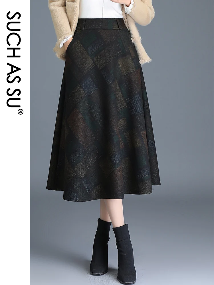 SUCH AS SU High Quality New A Line Skirt Women 2022 Fall Winter Pockets Lattice Wool High Waist S-3XL Size Pleated Skirt Female