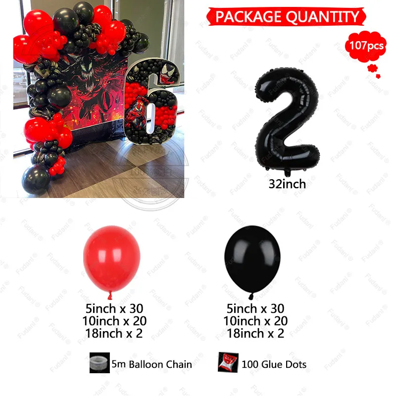 107pcs 5/10/18inch Red Black Venom Carnage Theme Balloons Arch Garland Kit Kids Boys Favors Birthday Party Decorations Globos