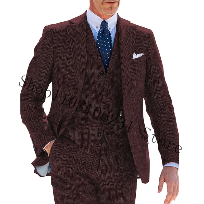 Men's Suit Business Slim Fit Jacket Vest Pants Three-Piece Set Herringbone Vintage Blazer Male Formal Suits Trajes De Hombre