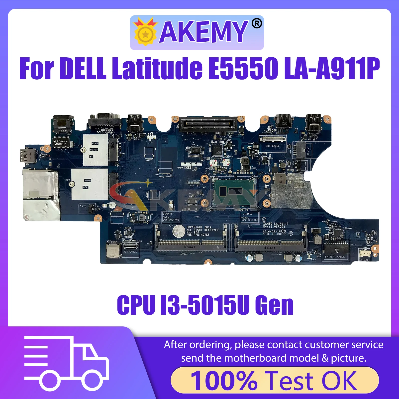 

AKEMY LA-A911P Notebook Mainboard For dell Latitude 15 5550 E5550 CN-0V82HM V82HM Laptop Motherboard with CPU I3-5015U Gen