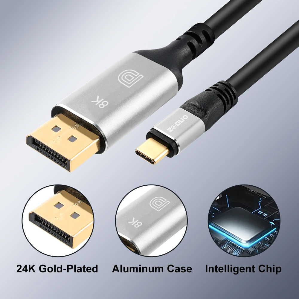 ZOGUO Type C to DP 8K 60HZ (4K@144Hz/120Hz, 2K@240Hz) USB C Thunderbolt 3 to DisplayPort Cable for Monitor Macbook Samsung HDTV