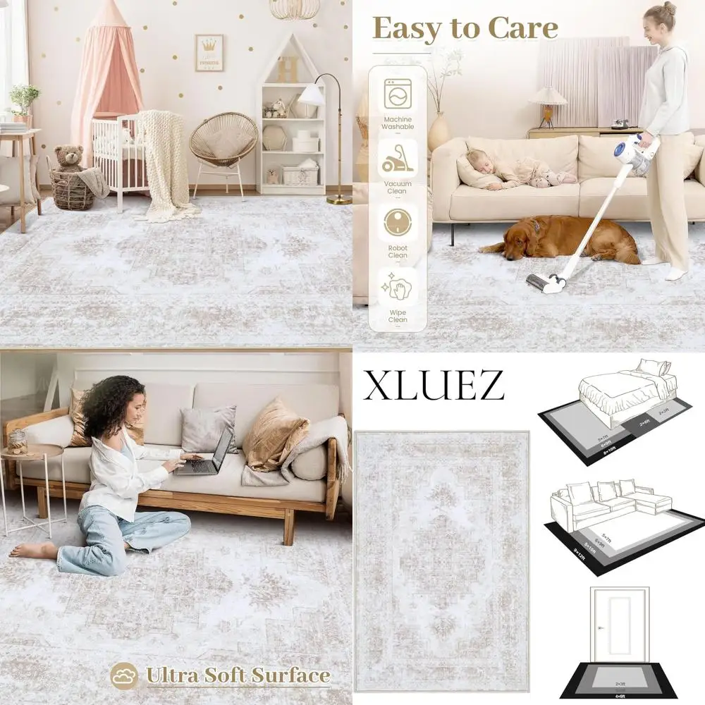 

Area Rug 6x9 Living Room Rug, Machine Washable Vintage Distressed Medallion Rug Non-Slip Soft Low Pile Large Indoor Rugs for Bed