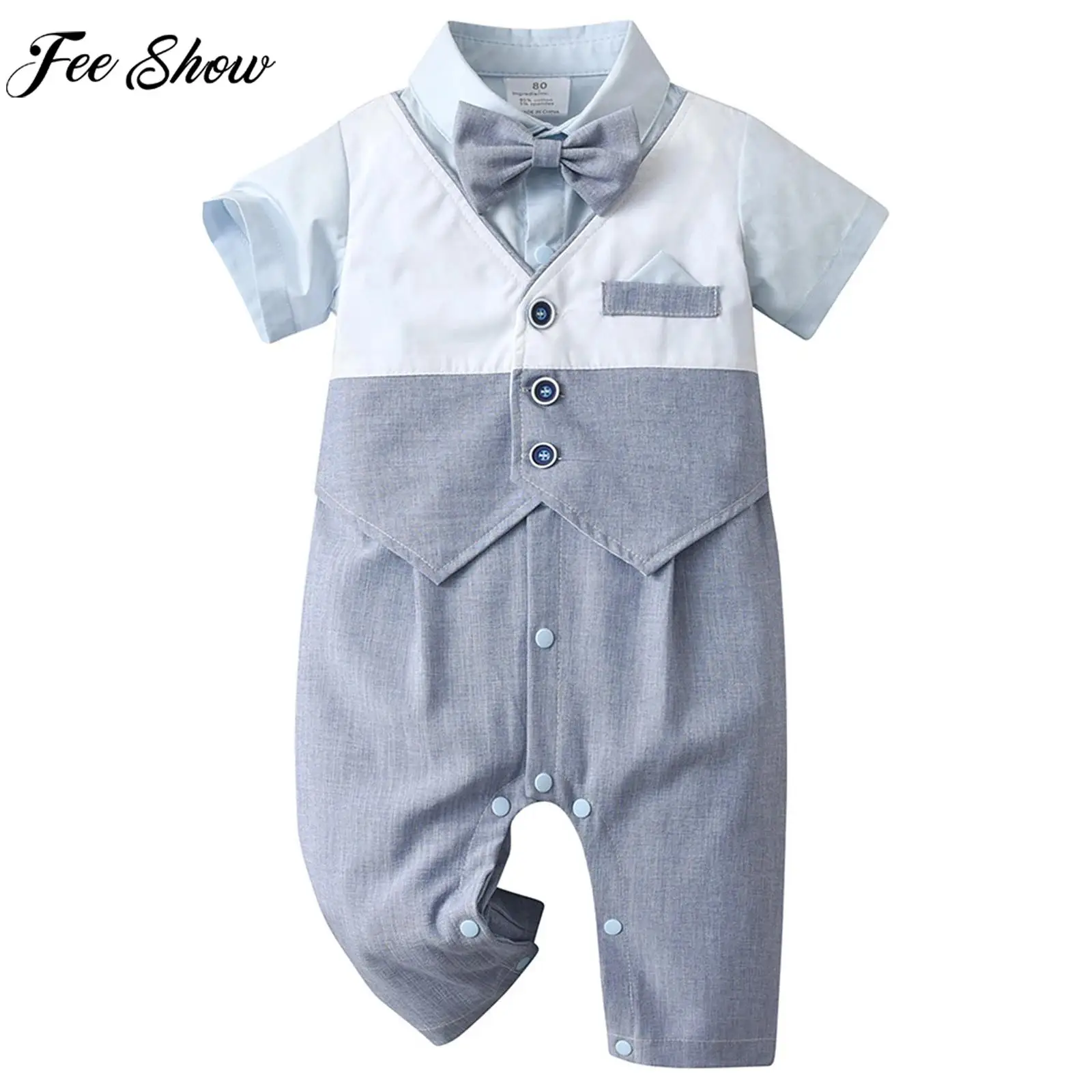 

3-24M Baby Boys Gentleman Romper Summer Short Sleeve Bow Knot Fake Waistcoat Shirt Jumpsuit for Baptism Wedding Birthday Party