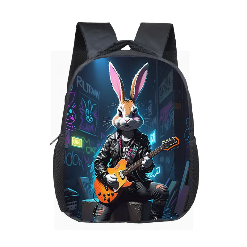 12 Inches Cool Rock Bunny Playing Guitar Backpack Rucksack School Bags for Kids Daypack Bookbag Kindergarten Toddler Bag Gift