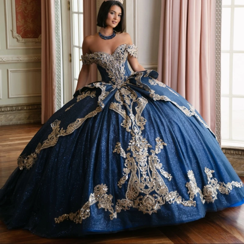 

Navy Blue Shiny Quinceanera Dresses Off The Shoulder Gold Applique Lace Beads Tull Corset Party Birthday Sweet 16 Dress Vestidos