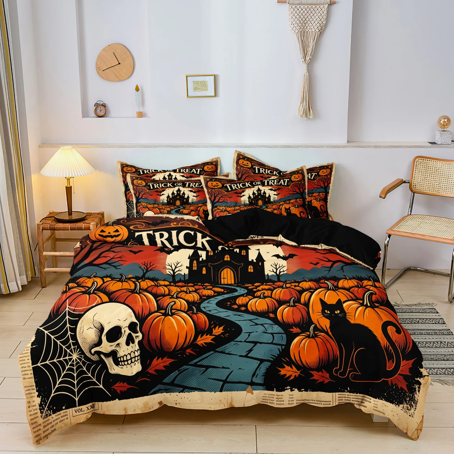 3‑Piece Retro Halloween Print Duvet Cover Set, Trick or Treat Vintage Pumpkin Skull Black Cat Castle Bat Print Bedding