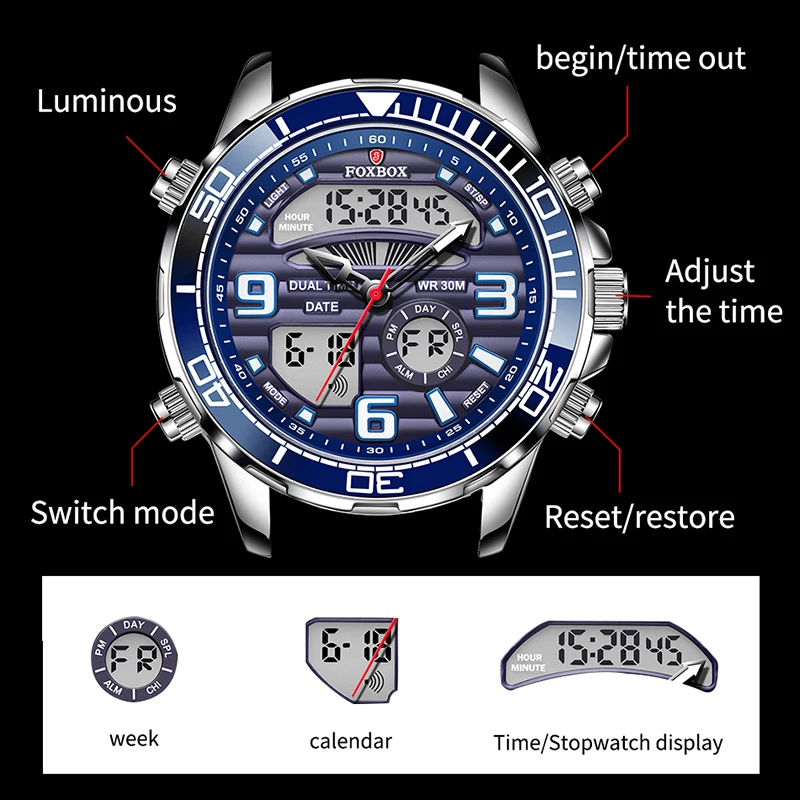 FOXBOX Electronic Luxury Watches For Men Digital Quartz Dual Display Wristwatch Luminous Waterproof Mens Watch Reloj Hombre 2024