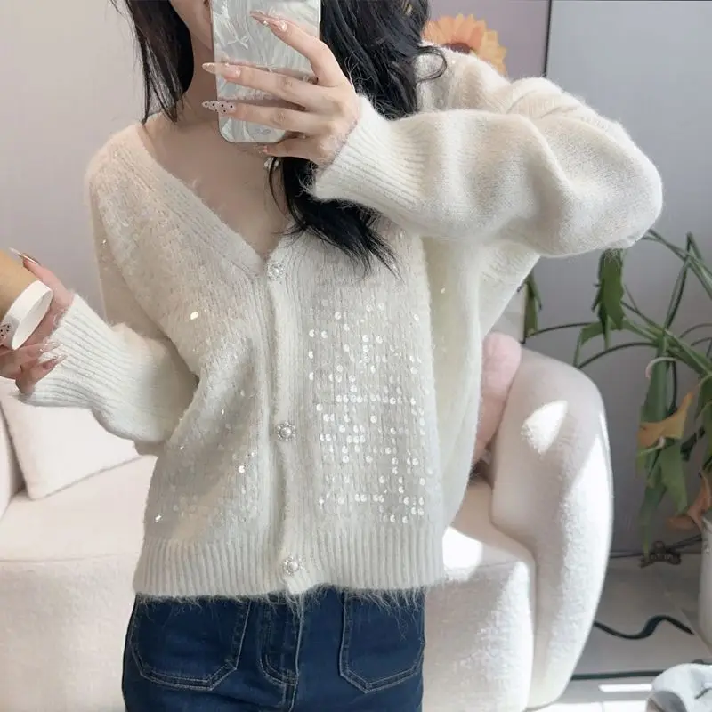 Fashion Glitter Loose V-neck Knitting Cardigan Women Autumn Elegant Solid Color Long Sleeve Sweater All-match Trend Knitwear