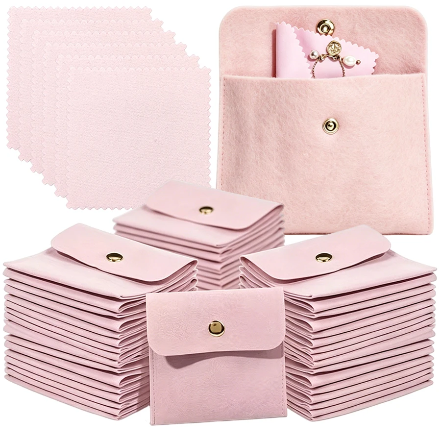 20pcs Luxury Jewelry Storage Bags & 20pcs Polishing Cloths Pink Jewelry Organizer with Button Closure for Necklaces, Earrings