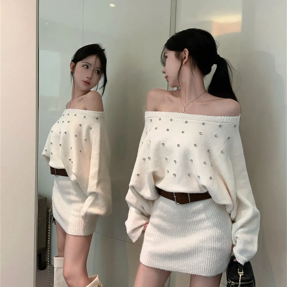 

Сексуальный ор вязаный Dr Diamond Embellied Slim Fit oulder Baring Design, теплый осенне-зимний модный дизайн для молодых женщин