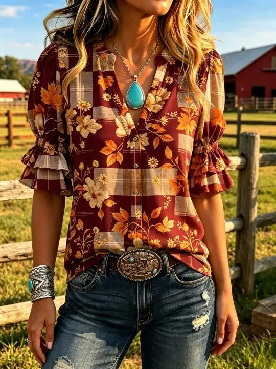 Women Plaid Floral Blouse Notched V‑Neck Button Front Double‑Layer Ruffle 3/4 Sleeve Cowgirl Farm Casual Loose Shirt Top view 3