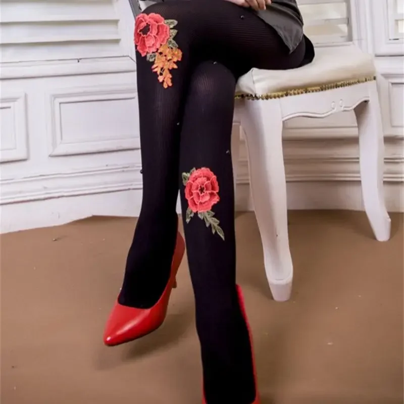 Fashion Girls Women Sexy Pantyhose Rose Flower Embroidery Ultra Thin Slim Tights Lady Elastic Silk Stockings Hosiery