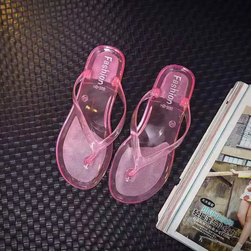 

Women's Summer Slippers Transparent Beach Sandals Jelly Crystal Flip Flops Wear Flat Slippers Outside PVC Solid Slides Women