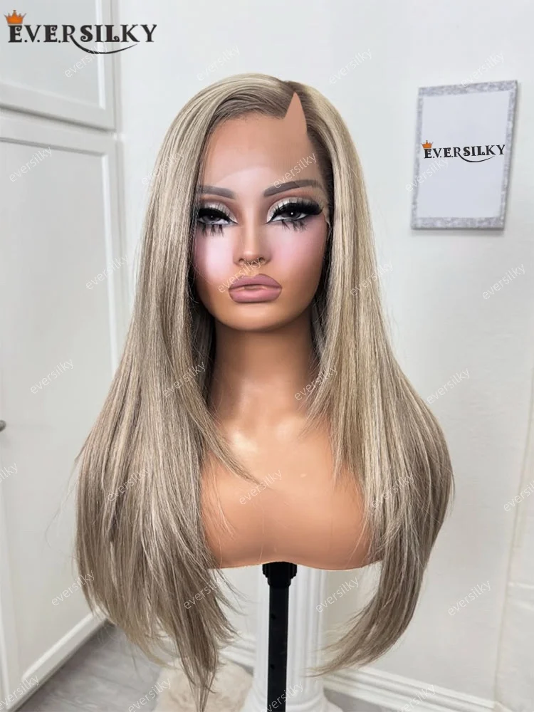 

Ombre Ash Blonde Brown Long Layered Straight Wig Natural Dark Roots Glueless Easy Wear Wig 250% Density v part HD Lace Front Wig