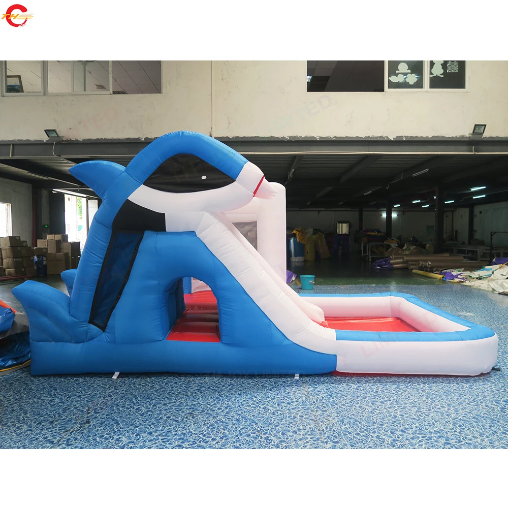 Snelle Verzending 4.8x2.8x2.2mH Haai Springkussen met Ballenbad Waggel Thuisgebruik Oxford Stof Shark Bounce huis