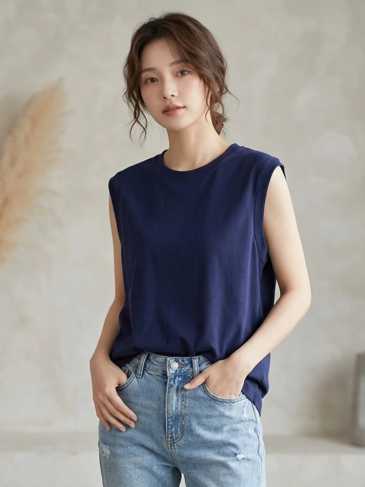 2026 Summer Cotton O-Neck Sleeveless Vest Solid Color Ribbed Cuff Women's Tank Top Loose Casual Versatile Solid Color Camisole