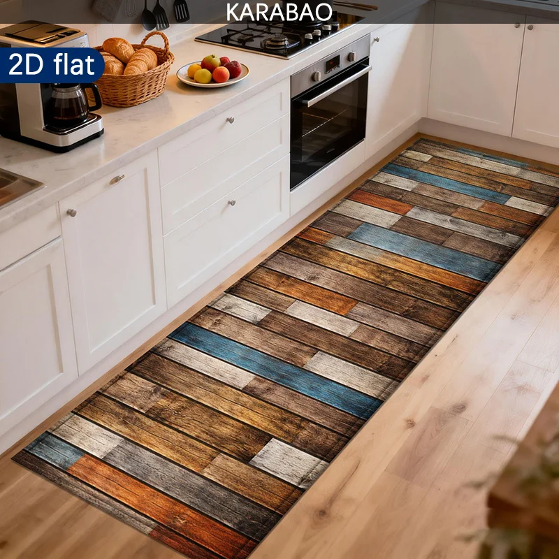 Multi Color Patchwork Wood Floor Mat Non Slip Quick Dry Runner Rustic Distressed Wooden Plank Pattern Carpet for Kitchen Counter