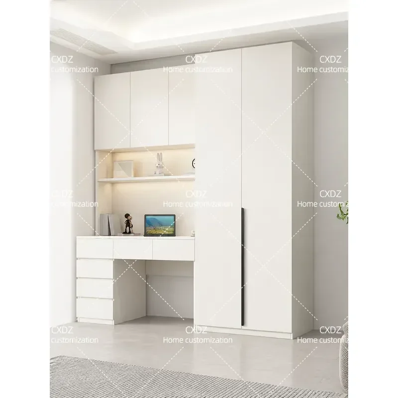 Solid Wood Computer Desk with Integrated Wardrobe One Piece Bedroom Study Table Home Office Furniture Combined Storage Unit