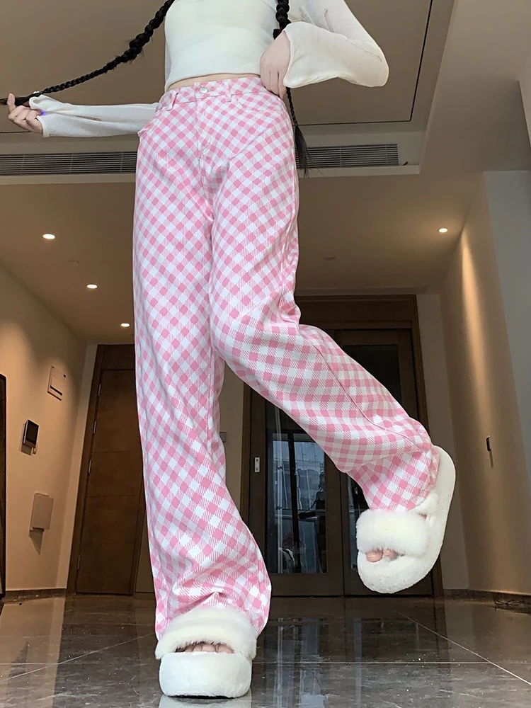 Jmprs Women Pink Plaid Pant High Waist Loose Vintage Korean Wide Leg Trousers Casual Pockets Sweet Female Retro Summer Pants New