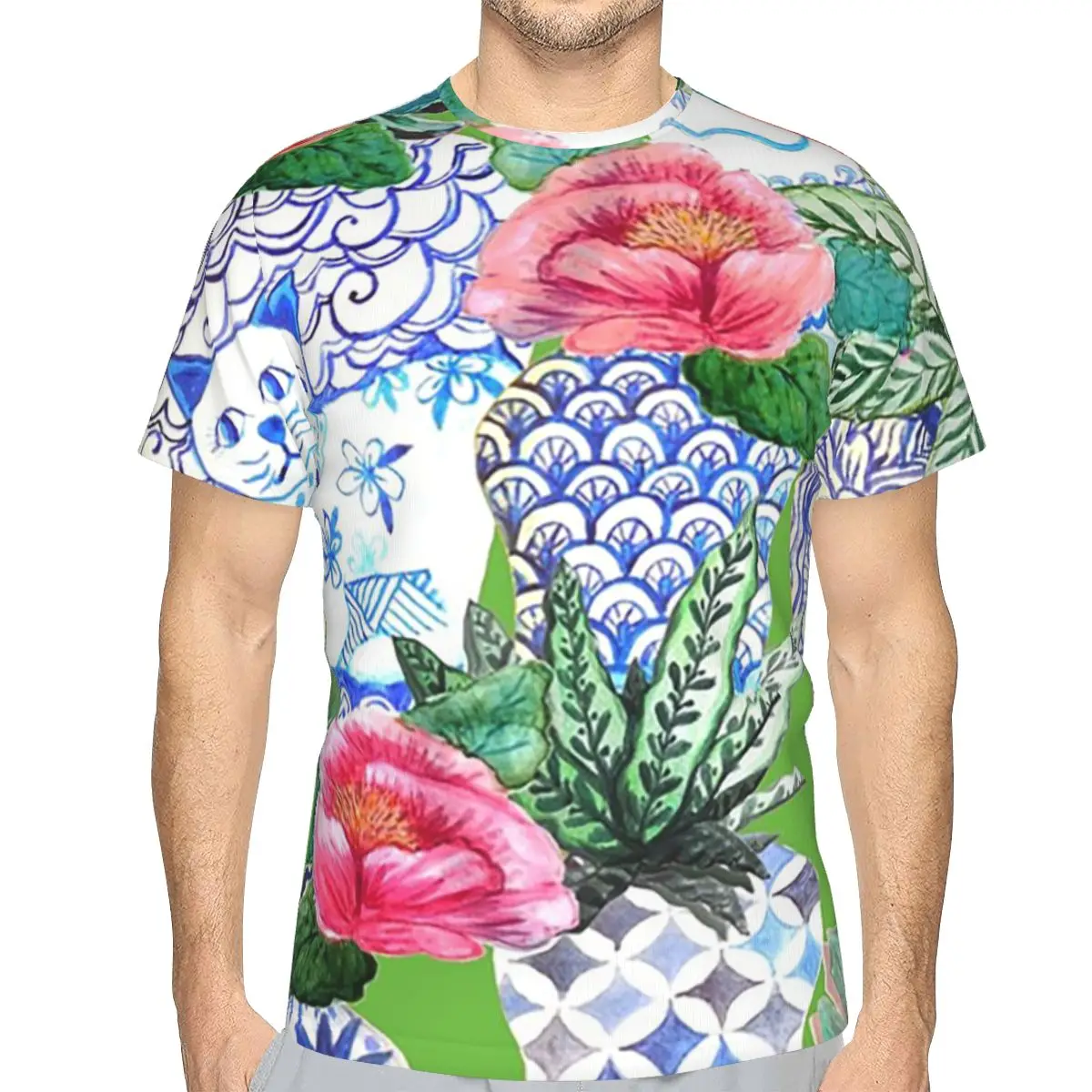 100% Cotton Blue And White Chinese Ginger Jars On Green, Emerald Green Chinoiserie T-Shirt Men's Fashion T Shirt Men Shirts Tops