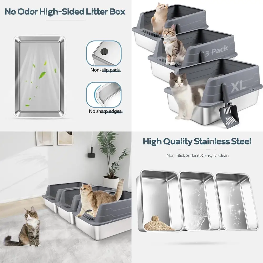 

Большой лоток для кошек из нержавеющей стали с высокими бортиками и совком, 22.9 x 15 x 10.3, антипригарный, легко чистится, серый