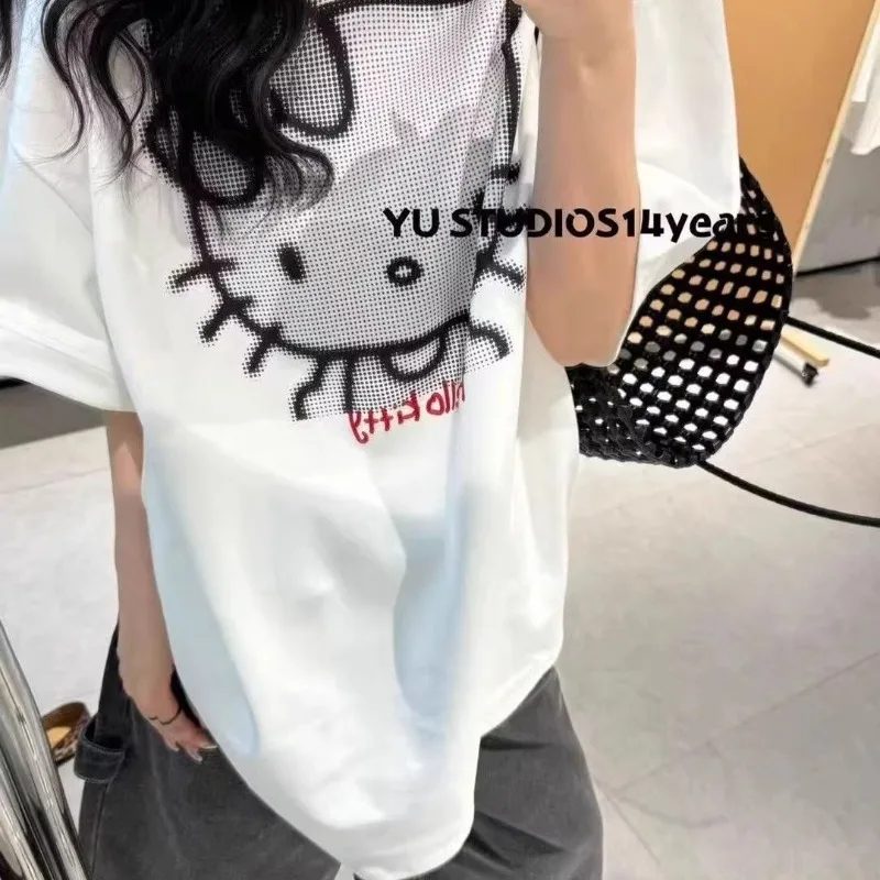 Camiseta de algodón puro con estampado de dibujos animados de Hello Kitty para mujer, camisetas holgadas Retro versátiles de manga corta, camisetas gráficas, ropa de mujer