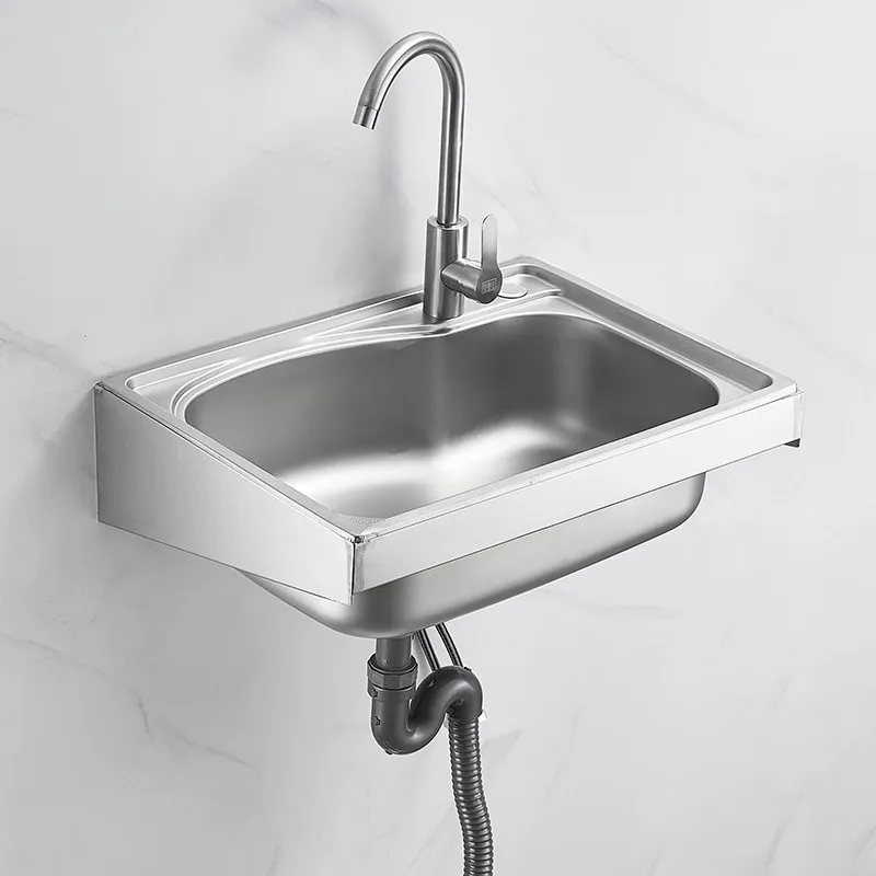 Hot and Cold Faucet Kitchen 304 Stainless Steel Sink with Bracket, Vegetable Basin Hanging on The Wall Bracket, Double Sink,