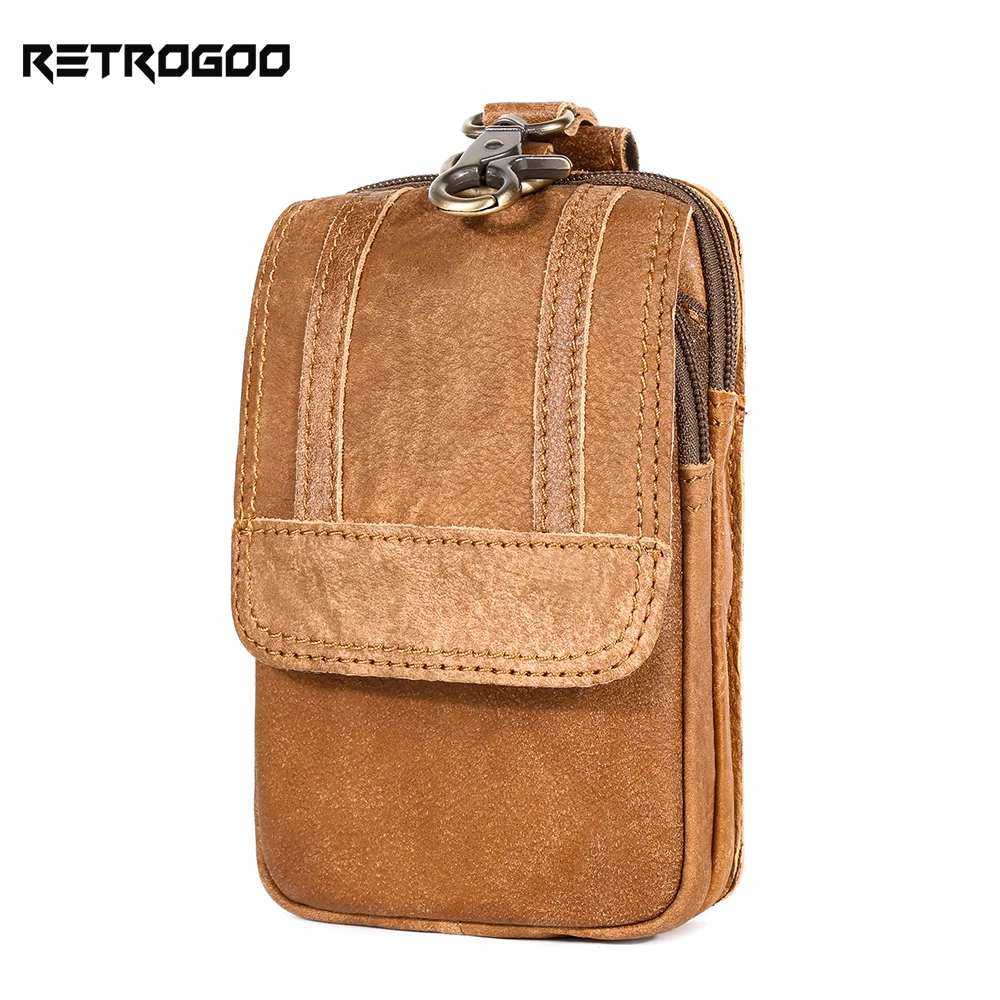 

RETROGOO Genuine Leather Men's Waist Bag Fanny Pack Mobile Phone Cowhide Small Waist Pouch Handmade Vintage Cowboy Blet Pouch