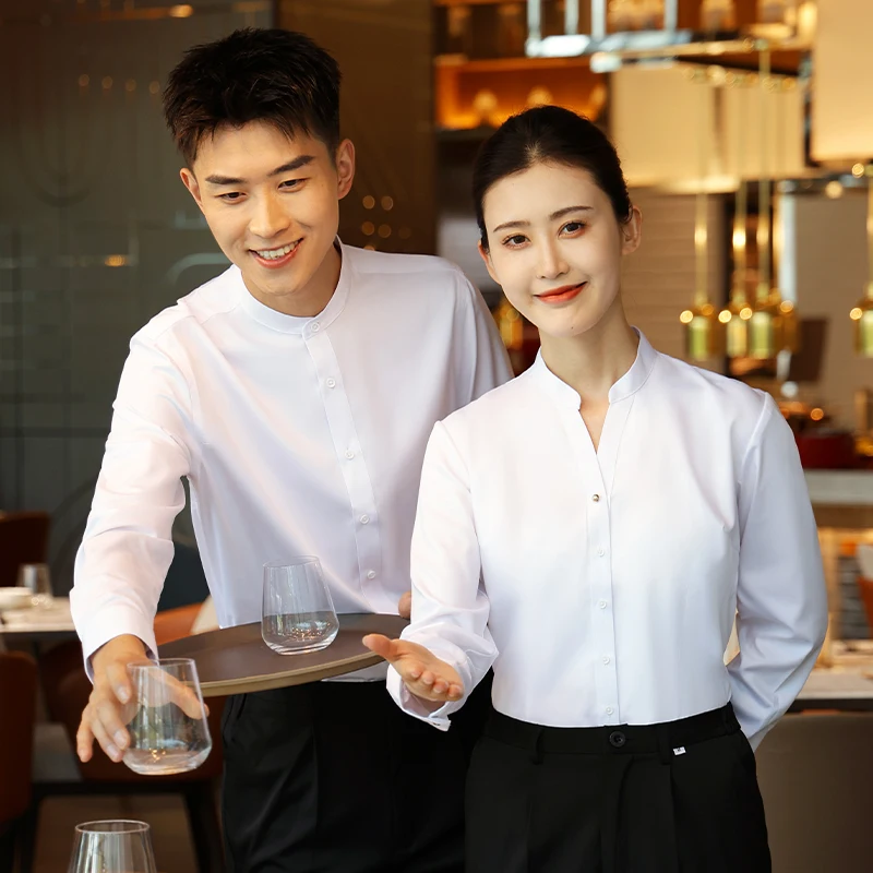 Front Desk Workers Long Sleeve White Shirt and Black Pants Set Hotel Restaurant Manager V-neck Work Uniforms Free Shipping