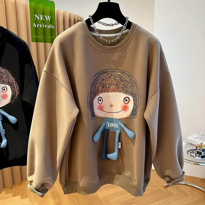 Women\'s Pullover Tops Cute Cartoon Girl Printed Pink Pullovers Loose Casual O-neck Top Fashion Design Sweatshirts Autumn Winter