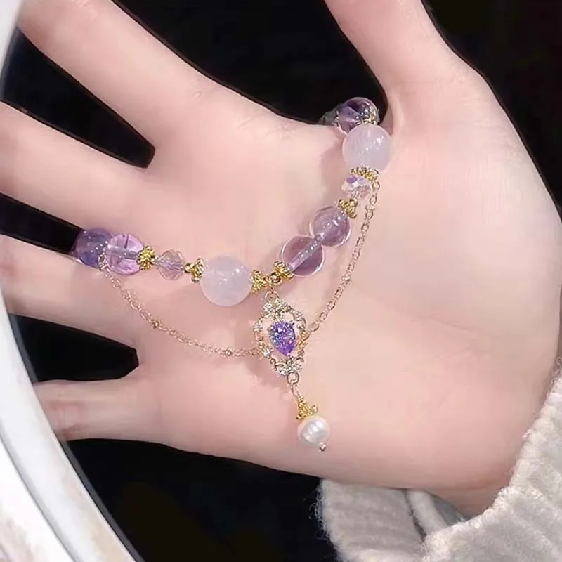 Pulseras de lujo con cuentas de cristal púrpura para mujer, pulseras con colgante de borla de mariposa elegante, joyería de muñeca para niña dulce