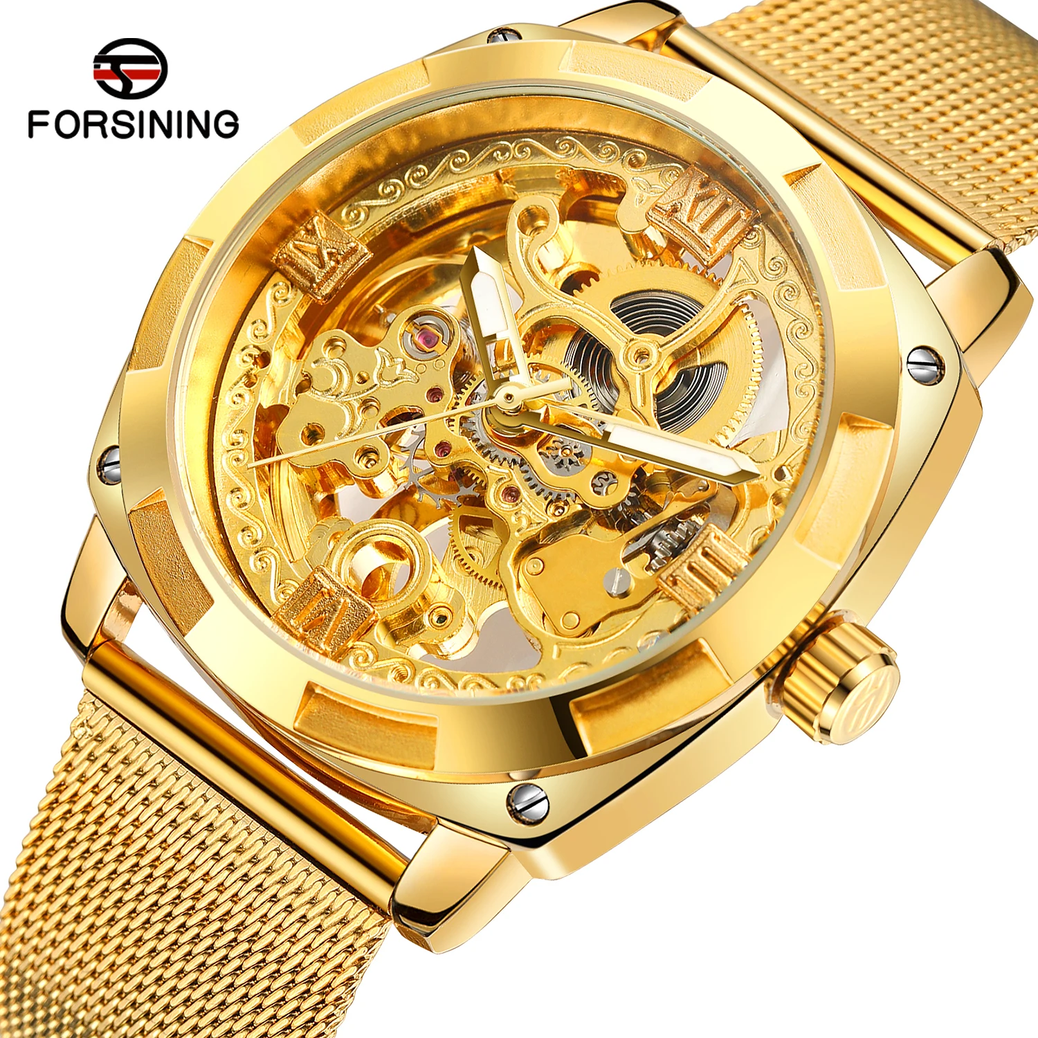 

2024 Relogio Forsining Rollexeble Watches Montrepourhomme Mesh Stainless Steel Skeleton Watch Mechanical for Wristwatchesmen