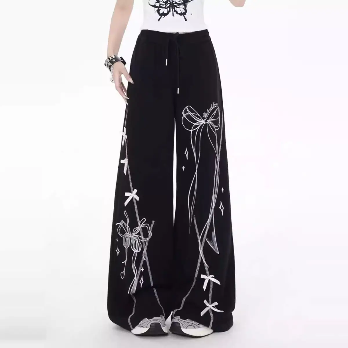 

Woman's Black Wide Leg Pants-White Bow & Butterfly Print, High Waist Drawstring, Harajuku Y2K Casual Pants for Spring Autumn