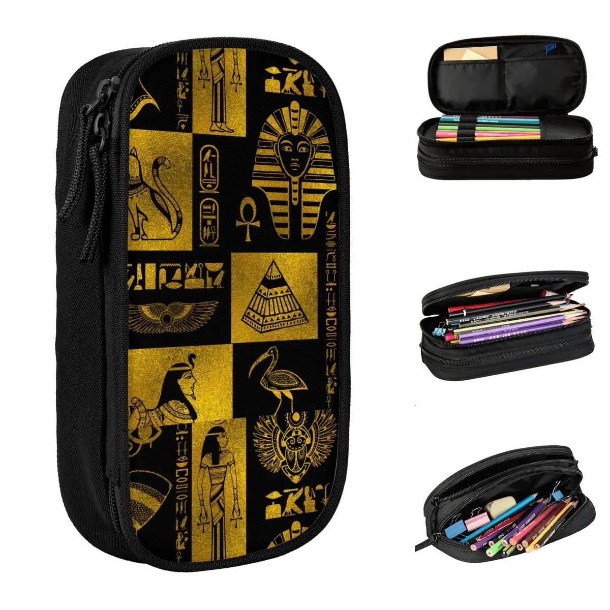 Fashion Egyptian Gold Hieroglyphs And Symbols Collage Pencil Case Egypt Pencilcases Pen for Student Large Storage Bags