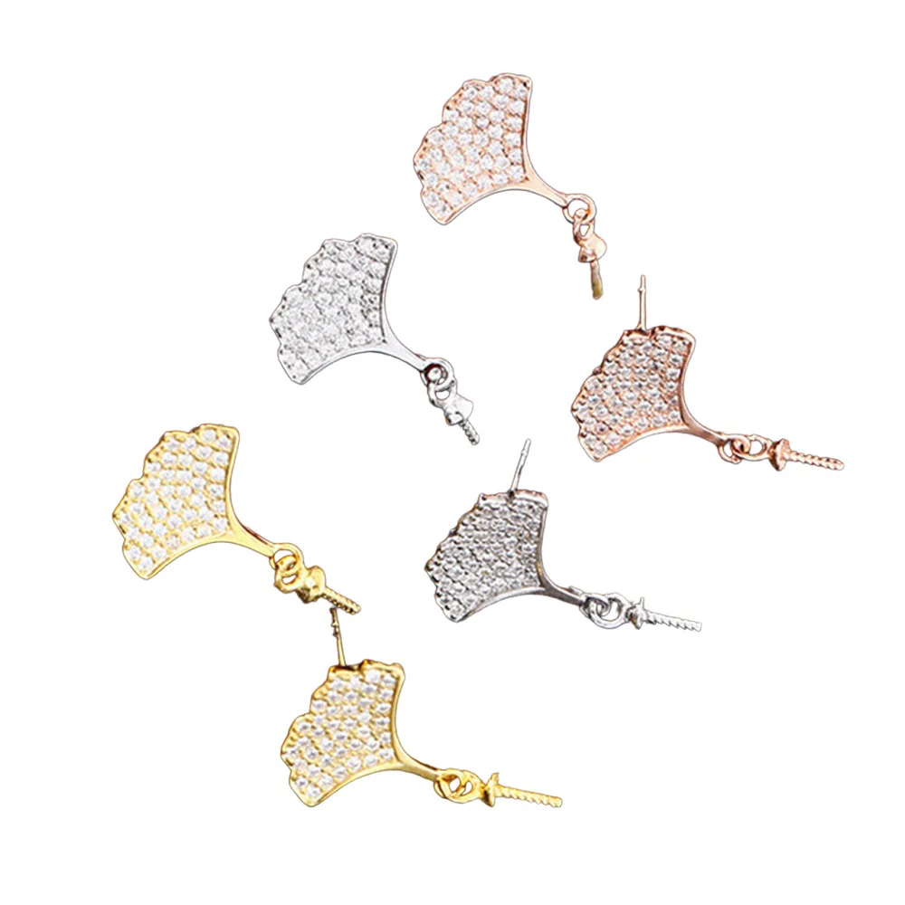 

Sterling Silver Earring Settings for 5-10mm Round Beads 925 Silver Zircon Earring Components Ginkgo Leaf Earring Base