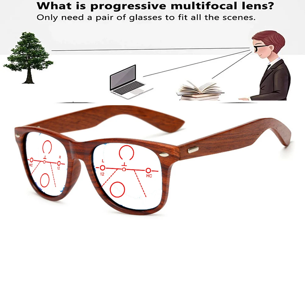 

Round Bamboo Wood Oversized Frame Comfortable Progressive Multifocal Reading Glasses +0.75 To +4